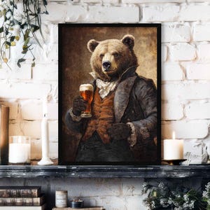 Bear Drinking Beer Wall Art Print // Vintage Painting Style Portrait of Brown Bear with Pint in Victorian Suit - Animal Home Bar Pub Decor