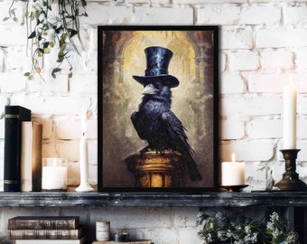 Raven with Top Hat Wall Art Print // Vintage Gothic Painting Style Portrait of Regal Black Bird / Crow in - Victorian Animal Home Decor Gift