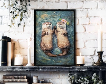 Otters Holding Hands Wall Art Print // Vintage Style Painting of Romantic Otters Floating in Water - Animal Lover Gift or Cottagecore Decor