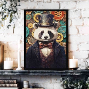 Steampunk Panda Wall Art Print // Vintage Style Portrait of Gentleman Bear Wearing Steam Punk Top Hat Outfit - Quirky Maximalist Home Decor