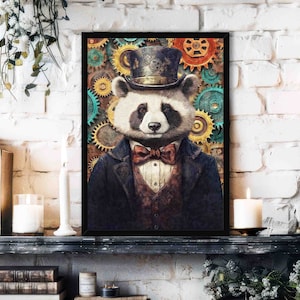 Könnte beinhalten: Ein schwarz-weißes Panda, das einen Zylinder und eine Fliege trägt, umgeben von bunten Zahnrädern. Der Panda ist im Steampunk-Stil dargestellt.