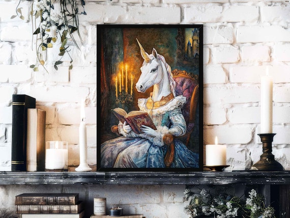 Unicorn Reading Book Wall Art Print | Vintage Style Bookish Home