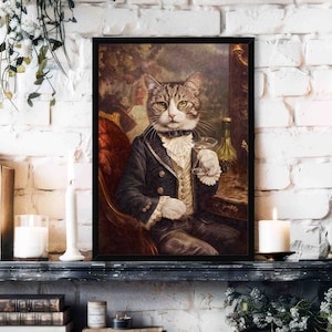 Cat Drinking Cocktail Wall Art Print // Vintage Painting Style Portrait of Tabby Cat Wearing Victorian Suit in Bar - Animal Kitchen Dining