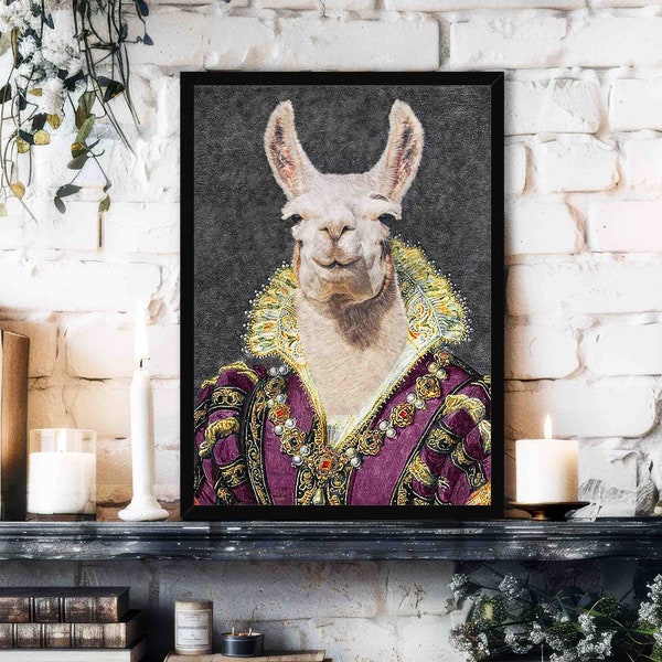 Llama Queen Wall Art Print - Vintage Historical Royal Painting Style Portrait of a Regal Llama / Alpaca Home Decor - Animal Lover Gift