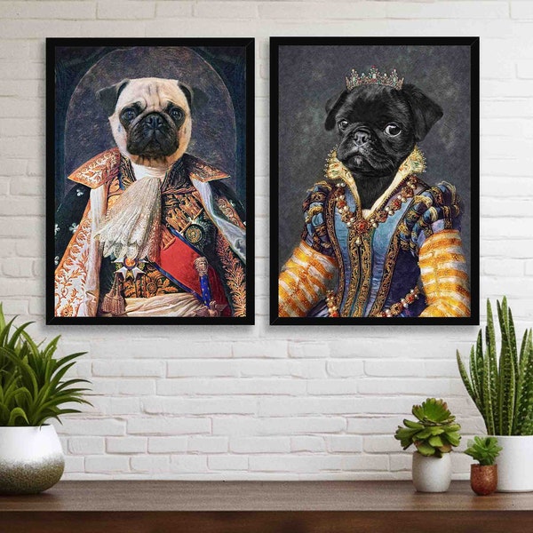 Pug King & Queen Wall Art Set - Vintage Painting Style Pug Dog King Queen Royal Victorian Portraits - Animal Lover Home Poster Print Bundle