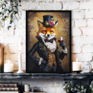 Fox Drinking Wine Wall Art Print / Vintage Painting Style Portrait of Regal Gentleman Red Fox in Victorian Suit - Animal Kitchen Dining Gift