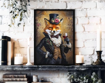 Fox Drinking Wine Wall Art Print / Vintage Painting Style Portrait