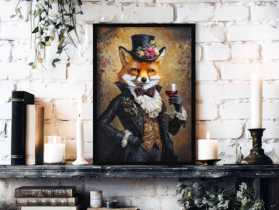 ひ*ん様 英国ヴィンテージ FOX FRAMES ｘ CROCKER.WILSO Fox Drinking Wine Wall Art Print / Vintage Painting Style Portrait