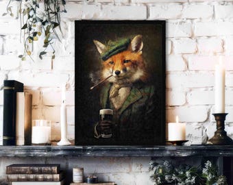 Irish Fox Drinking Stout Wall Art Print - Vintage Style Portrait of Fox with Dark Stout & Pipe, Man Cave Decor, Home Bar + Speakeasy Style