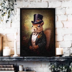 Squirrel Gentleman Wall Art Print // Vintage Painting Style Portrait of Squirrel in Victorian Suit & Tophat - Cute Cottagecore Decor Poster