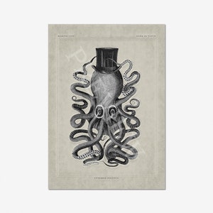 Op de afbeelding: Een zwart-witte illustratie van een octopus die een hoge hoed draagt. De octopus wordt omringd door zijn tentakels. De tekst "MARINE LIFE", "DARK OCTOPUS" en "TENERIS POLYPUS" staat onder de octopus.
