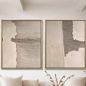 Two abstract 3D texture paintings per set, neutral wall art.