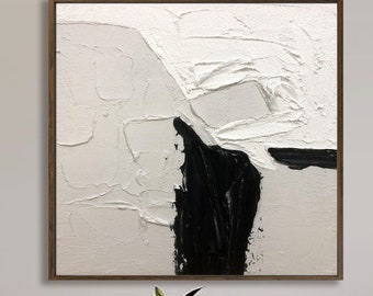 Oversized Abstract Painting: White 3D Texture, Black & White Acrylic
