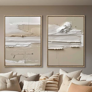 Lot de 2 décorations blanches neutres abstraites Mid-Century | Art mural en plâtre brun clair | Nouveau* minimaliste scandinave Mid-Century | Art texturé 3D