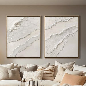 Set of 2 Mid Century Modern 3D Textured White Plaster Wall Art