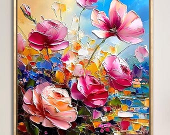 Textured Pink Rose Oil Painting: 3D Floral Impressionist Canvas Art