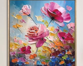 Textured Pink Rose Oil Painting: 3D Floral Impressionist Canvas Art
