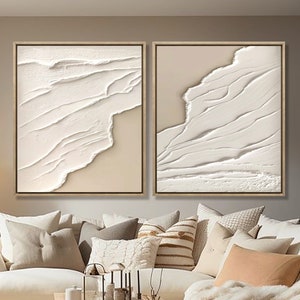 Set of 2: Mid Century White Plaster 3D Textured Painting