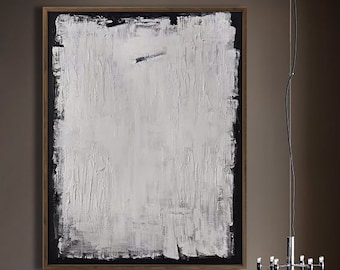 Large White Abstract Painting: 3D Texture Minimalist Art