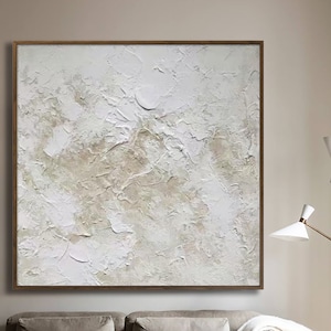 Large abstract painting, beige 3D texture painting, white acrylic painting, modern abstract painting living room, minimalist art