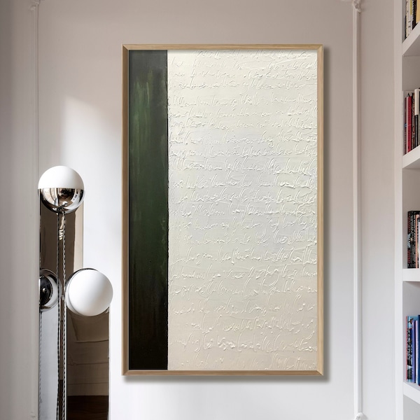 Large original 3D white abstract painting, white green textured painting, large minimalist wall abstraction, mid century modern wall art