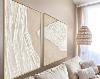 Set van 2 wanddecoraties van gestructureerd gips | Abstracte neutrale decoratie, Scandinavisch schilderij