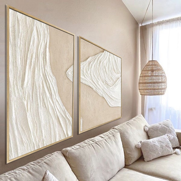 Set of 2 Mid Century Abstract White Neutral Decor | White Plaster Wall Art | New*Minimal Scandinavian Medieval | 3D Textured Painting Art