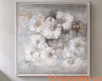 Hand-painted, large original abstract, Nordic white flower living room oil painting, contemporary oil painting, super large artwork