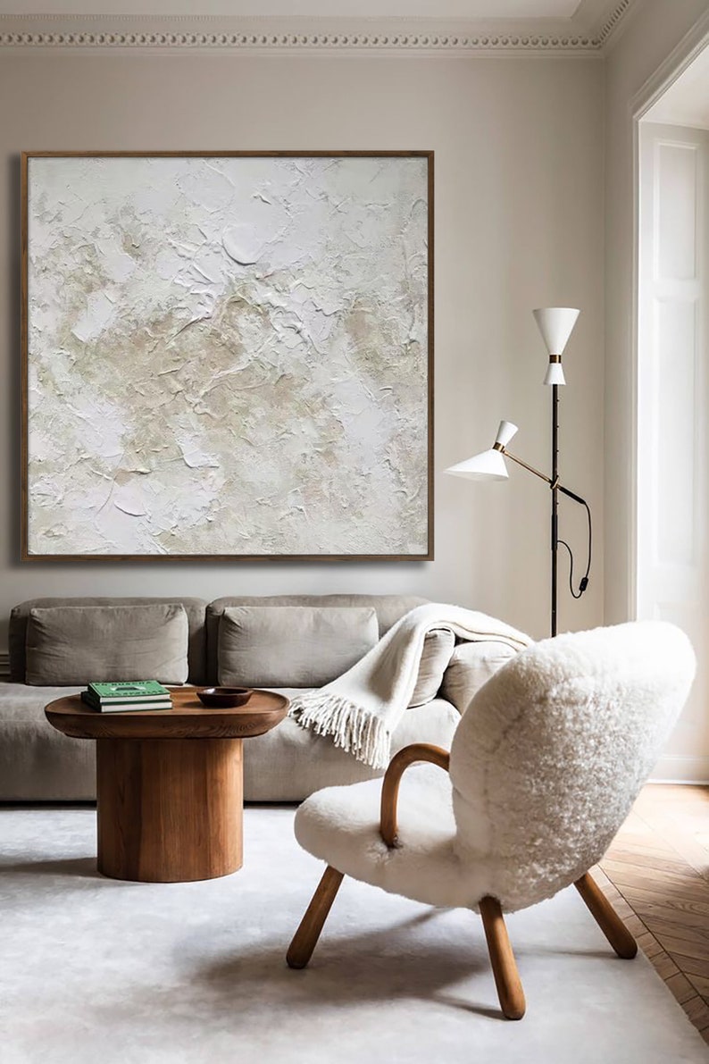 Large abstract painting, beige 3D texture painting, white acrylic painting, modern abstract painting living room, minimalist art image 1