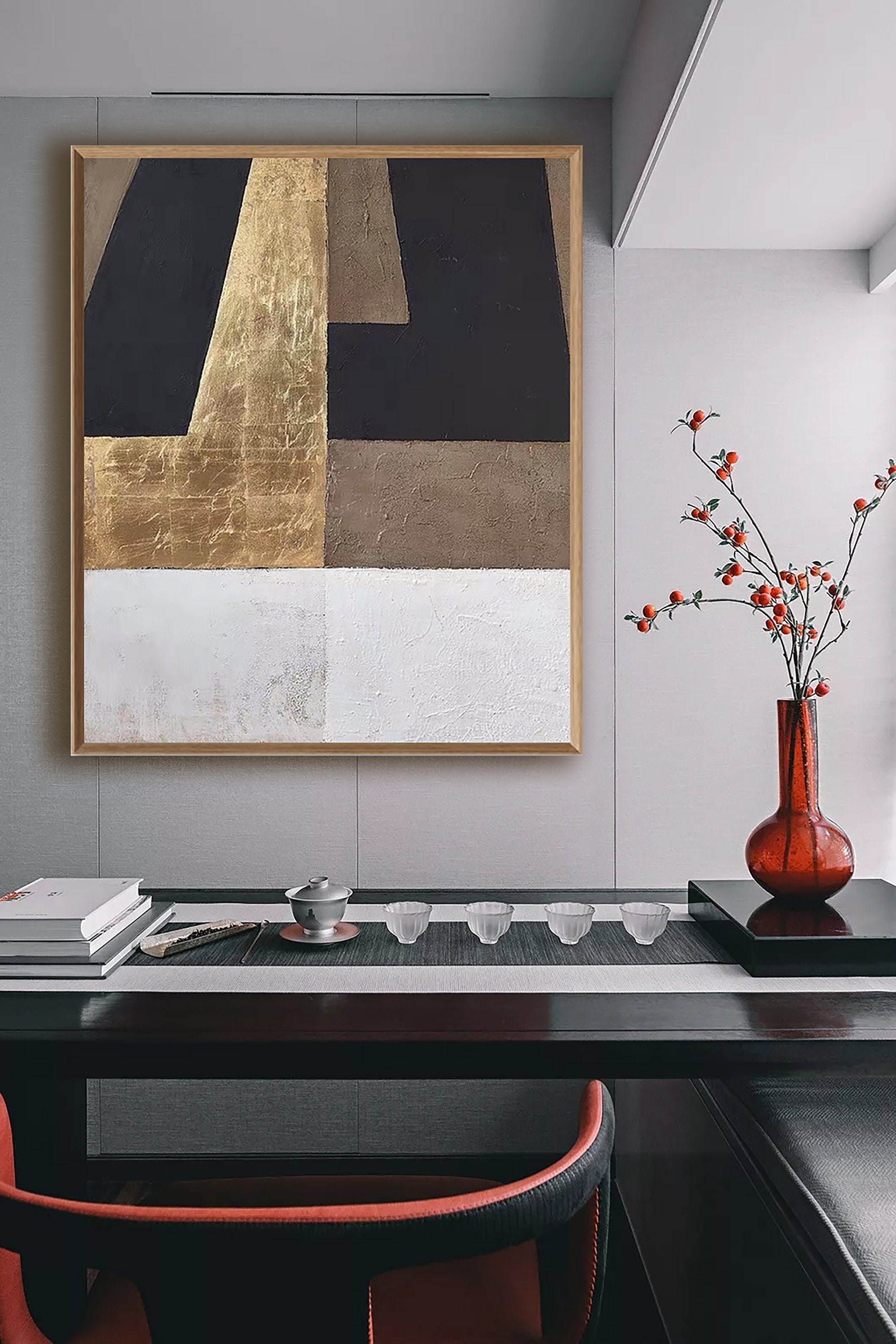 Large Scale Wall Art, Golden Abstract Painting, Boho Abstract Art