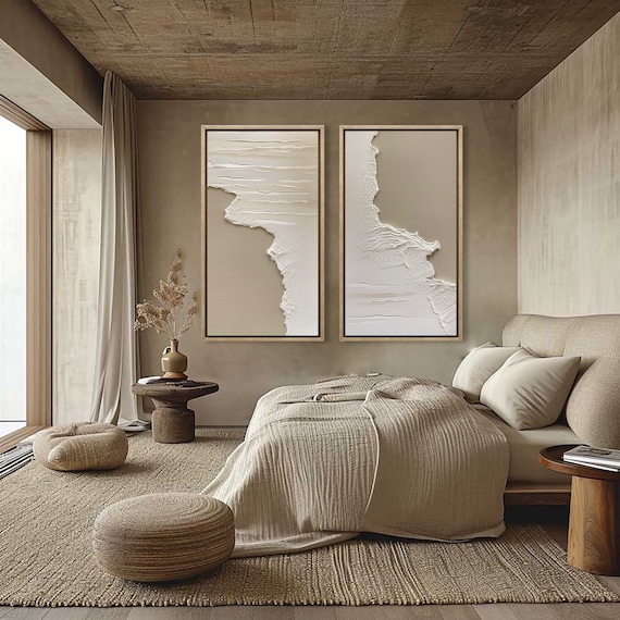 Mid-Century Modern Abstract Plaster Art Set: Scandinavian 3D Textured Wall Decor