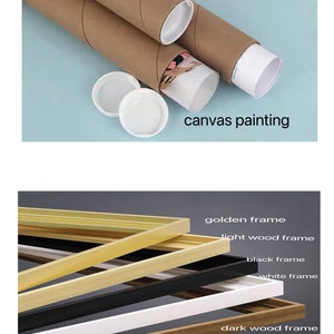 Op de afbeelding: Een canvas schilderij opgerold in een bruine kartonnen buis. De buis ligt op een blauwe ondergrond. Het schilderij is klaar om ingelijst te worden. De afbeelding toont ook vijf verschillende lijstopties: goud, licht hout, zwart, wit en donker hout.