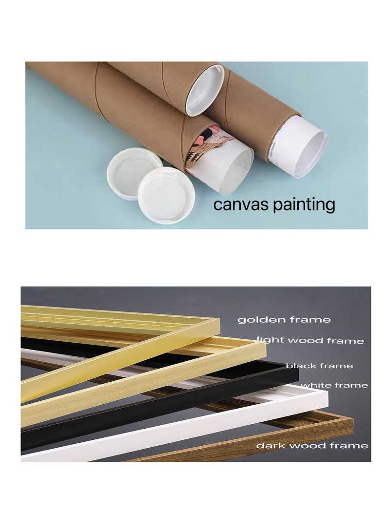 Op de afbeelding: Een canvas schilderij opgerold in een bruine kartonnen buis. De buis ligt op een blauwe ondergrond. Het schilderij is klaar om ingelijst te worden. De afbeelding toont ook vijf verschillende lijstopties: goud, licht hout, zwart, wit en donker hout.