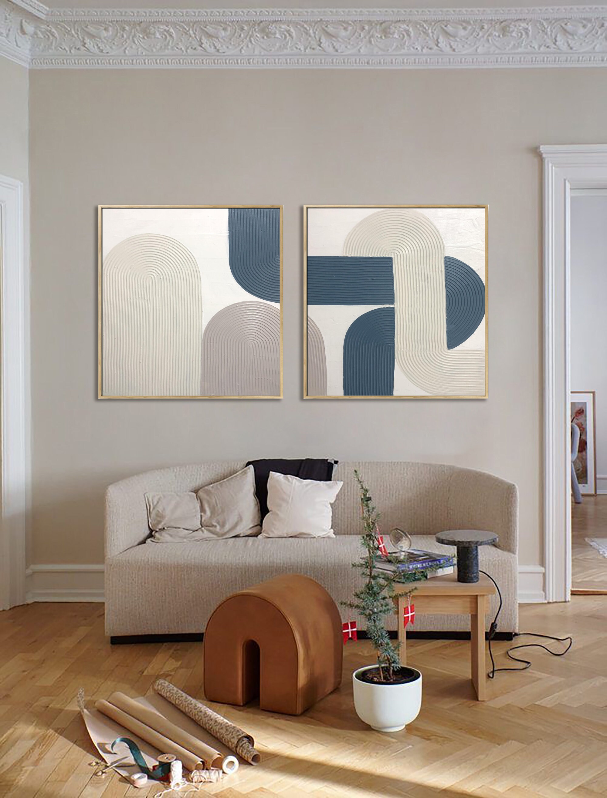Navy Blue and Grey Geometric Art Set 2 Arched Plaster Art - Etsy