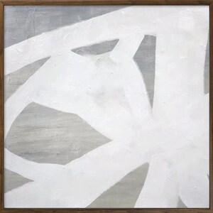 May include: Abstract painting with white shapes on a gray background. The white shapes are layered and overlapping, creating a sense of depth and movement.