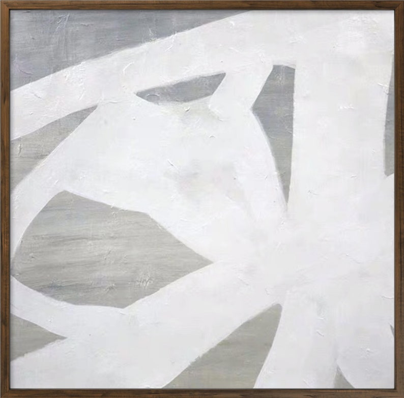 May include: Abstract painting with white shapes on a gray background. The white shapes are layered and overlapping, creating a sense of depth and movement.