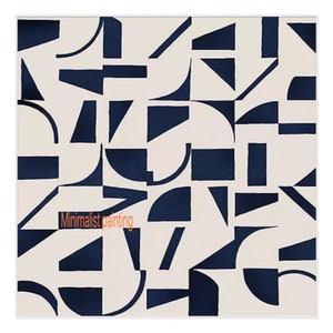 May include: Abstract geometric painting with a minimalist design. The painting features a white background with navy blue shapes, including circles, squares, and triangles.