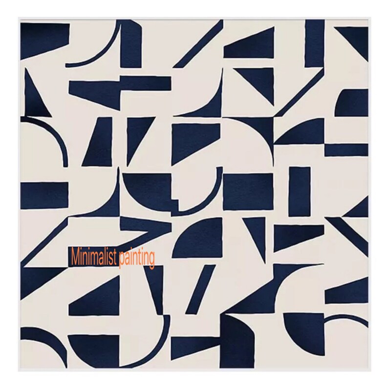 May include: Abstract geometric painting with a minimalist design. The painting features a white background with navy blue shapes, including circles, squares, and triangles.