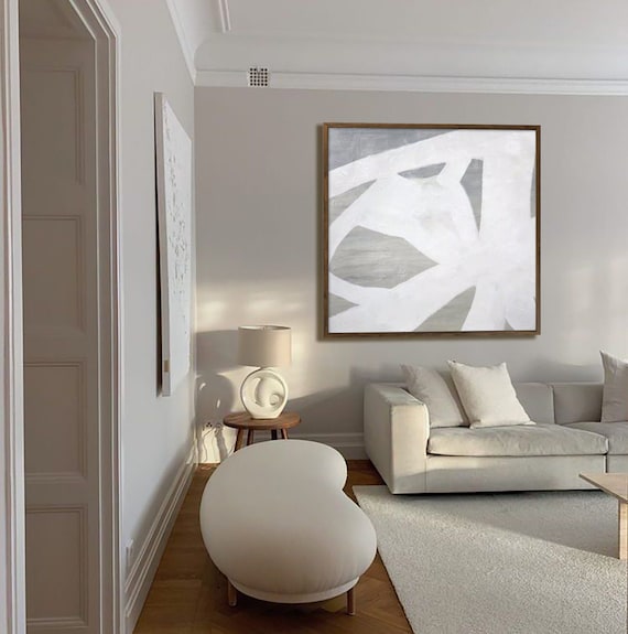 Large White Abstract Painting: Modern Minimalist Canvas Art