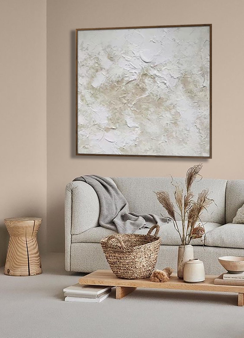 Large abstract painting, beige 3D texture painting, white acrylic painting, modern abstract painting living room, minimalist art image 7