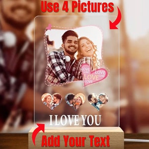 Puede incluir: Un letrero de acrílico iluminado personalizado con una foto de pareja en el centro y tres fotos más pequeñas en forma de corazón en la parte inferior. El letrero dice "Te amo" y tiene una base de madera con el texto "Añadir tu texto".
