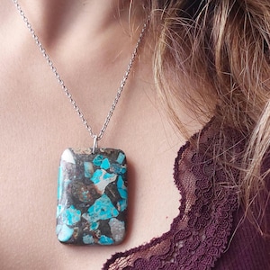Colgante de turquesa en forma de lágrima con cadena de acero inoxidable, diseño bohemio terroso, sus regalos de Navidad