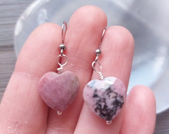 Rhodonite heart dangle earrings for women
