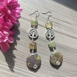 tree of life green long earrings with sterling silver hooks