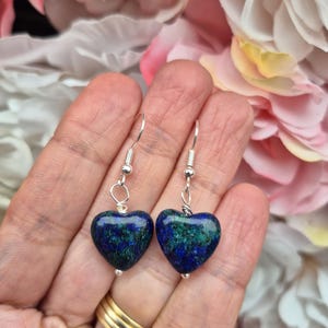 Ruby zoisite small heart dangle earrings, for everyday wear.