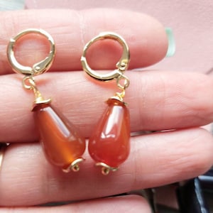Carnelian hoop earrings, gold carnelian earrings, paperclip earrings with stone
