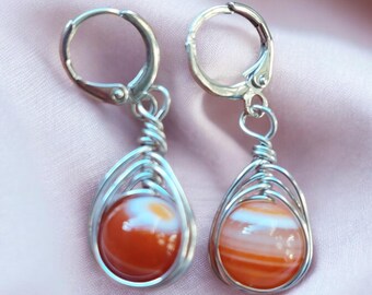 Carnelian Hoop Earrings, wire wrapped dangle earrings