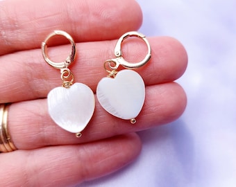 Mother of Pearl Heart Hoop Earrings, Gold Plated