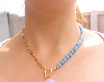 Aquamarine & opalite necklace, half link chain half beaded necklace