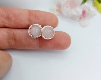 Rose quartz earrings, gemstone silver studs
